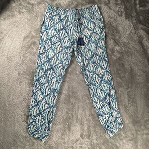 Lilly Pulitzer XS ISLAND JOGGER PANTS Blue Turquoise Tropical Pull On Tassel